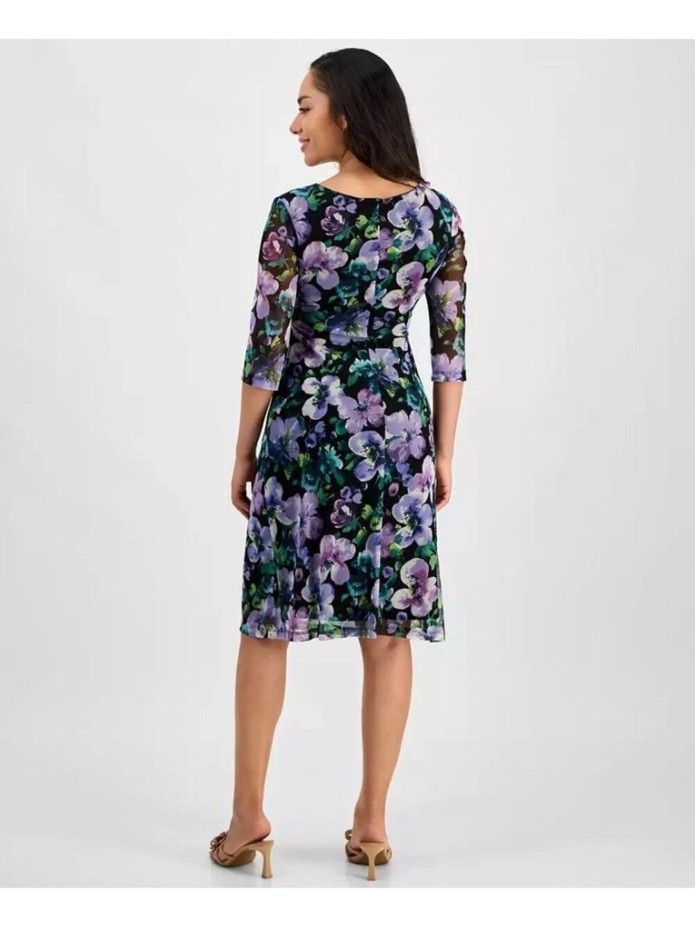 Floral Black & Purple Cowl Neck Dress 3/4 Sleeve Chiffon Size 14W - Picture 2 of 7